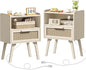 Lerliuo Rattan Nightstands Set of 2 with Charging Station, Side Table with Drawer Open Shelf, Cane Accent Bedside End Table, Night Stand for Bedroom, Dorm and Small Spaces (Grey White)