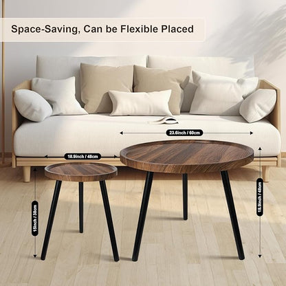 Nesting Coffee Table Set of 2, Modern Round Coffee Tables Nesting Side Table Set, Easy Assembly Nesting Tables for Living Room, Walnut Wood End Tables for Home Office Yard