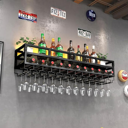 Pengfei LED Wine Rack Wall Mounted, Industrial Metal Wall Wine Shelf & Glass Holder, Large Floating Shelves Wine Bottle Storage Display Rack for Home Bar Dining Room Decor