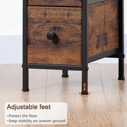 Narrow End Table Living Room with Charging Station, Skinny Side Table with Fabric Drawers, Slim Nightstand for Bedroom, Small Spaces, Couch, Rustic Brown, HETNDP02PBR-1