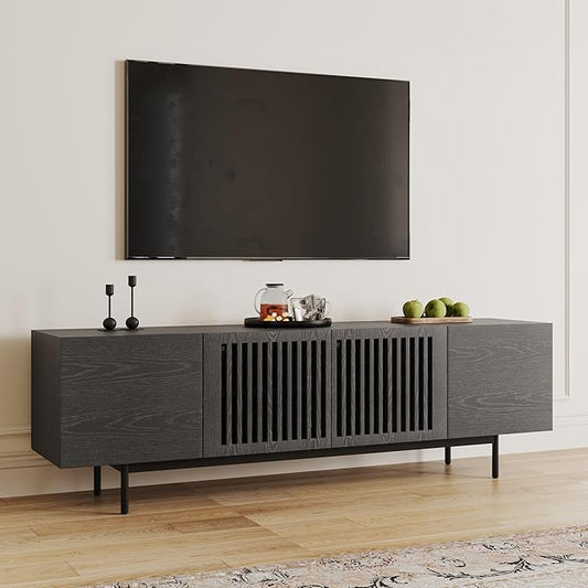 POVISON Full Assembled Mid-Century Modern TV Stand with Slatted Doors, Wood Media Console for 65-75 Inch TV, TV Console with Tall-cast Metal Legs, Entertainment Center with Storage for Living Room