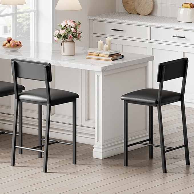 GarveeHome Bar Stools Set of 2, Counter Stools with Back and Thickened Metal Legs, Upholstered PU Leather Counter Height Barstools with Footrest, for Kitchen Island, Bar, Black