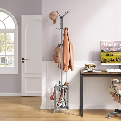 Hoctieon Coat Rack Freestanding With Umbrella Holder, Metal Coat Tree With 12 Hooks, Standing Hanger for Entryway, Hat Rack for Home Office, Gray