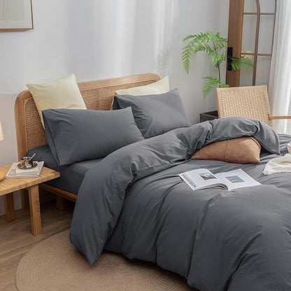 BESTOUCH Duvet Cover Set 100% Washed Cotton Linen Feel Super Soft Comfortable Chic Lightweight 3 PCs Home Bedding Set Solid Quiet Shade Grey Super King Plus