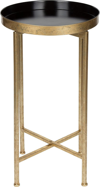 Kate and Laurel Celia Round Metal Foldable Tray Accent Table, Black with Gold Base
