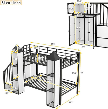 Twin Over Twin Castle-Shaped Bunk Bed with Wardrobe,Open Storage cabinets,a Storage Staircase and guardrails,Metal Stairway BunkBed for Kids Boys/Girls/Teens,Black+White