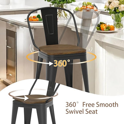 30” Swivel Bar Stools Set of 4, Counter Height Bar Stools Wooden Seat, Metal Industrial Bar Chairs with High Back for Kitchen Island (Black)