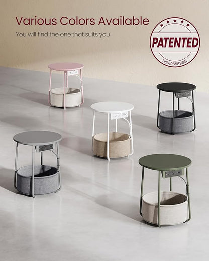 VASAGLE Side Table with Charging Station, Round End Table with Fabric Basket, Nightstand with Power Outlets, USB Ports, for Living Room, Bedroom, Modern, Matte White and Camel Brown ULET228W01