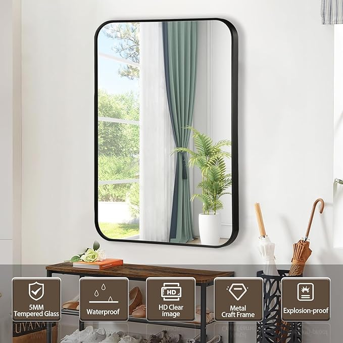 Black Bathroom Mirror, 30x36 Inch Matte Black Mirror, Aluminum Alloy Framed Vanity Mirror, Rounded Rectangle Bathroom Mirror for Over Sink, Anti-Rust Wall Mirror (Horizontally or Vertically)