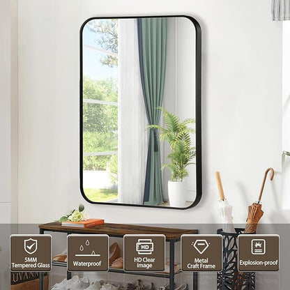 Black Bathroom Mirror, 30x36 Inch Matte Black Mirror, Aluminum Alloy Framed Vanity Mirror, Rounded Rectangle Bathroom Mirror for Over Sink, Anti-Rust Wall Mirror (Horizontally or Vertically)