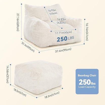 INMOZATA Bean Bag Chair for Adults, 3FT Beanbag Chair with Ottoman Pre-Filled Fluffy Lazy Chair Corded Fabric Accent Chair for Bedroom Living Room Dorm (Ivory)