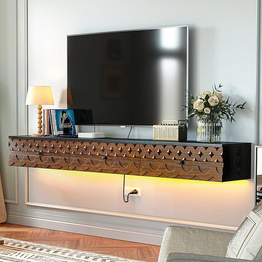 Fully-Assembled Floating TV Stand, Vintage Carved Floating Entertainment Center with Flip-Down Doors & Drawer, Walnut Wood Media Console Shelf Cabinet Under TV Storage for Living Room, 70IN