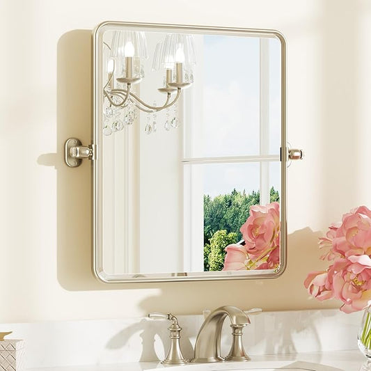 Keonjinn Brushed Nickel Pivot Mirror Bathroom, 20"x24" Tilt Mirror Bathrooms for Over Sink, Silver Rounded Corner Beveled Bathroom Mirror, Modern Metal Framed Vanity Mirrors (Horizontal/Vertical)