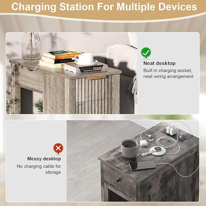 End Table with Charging Station 24'' Nightstand with Charging Station Vintage Side Table with Storage Wooden Sofa Side Table and Outlets Bedside Table for Living Room Office Bedroom (Grey)