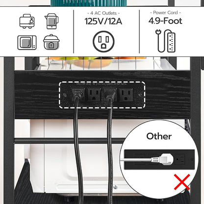 HOOBRO Kitchen Bakers Rack with Power Outlet, Coffee Bar, Microwave Oven Stand with Mesh Basket, Coffee Station with 4 S-Shaped Hook, Kitchen Shelf, for Dining Room, Living Room, Black BB05HB01