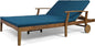 Christopher Knight Home Samantha Double Chaise Lounge for Yard and Patio, Acacia Wood Frame, Teak Finish with Blue Cushions