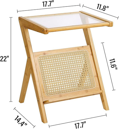 Tiita Rattan Side Table, Mid Century Nightstand, Bamboo Accent Bedside Tables, Glass Coffee Tables, Boho Wooden End Table with Storage for Small Space, Living Room and Bedroom
