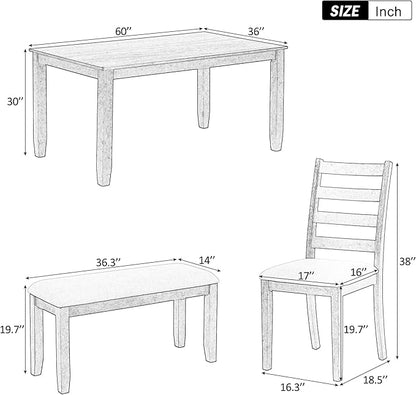 Ball & Cast 6 Piece Dining Table Set with 4 Upholstered Chairs & 1 Bench,Wooden Living Room Furniture W/ 60" Rectangle Kitchen Desk,for Restaurant,Home Bistro,Brown+White Wash