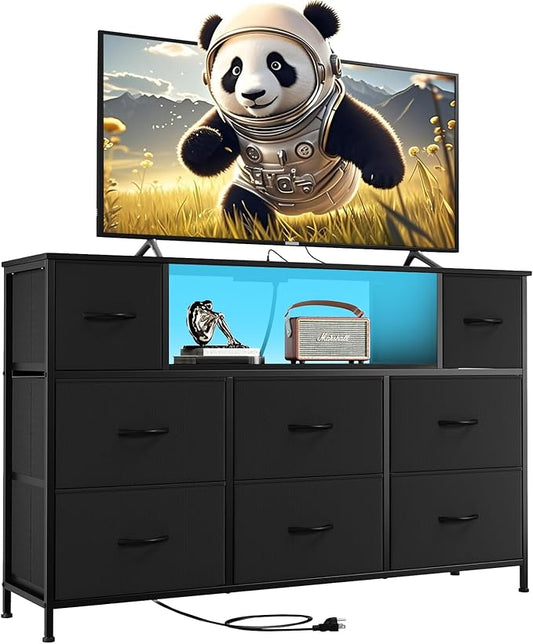Somdot TV Stand for Bedroom, Dresser for Bedroom for 55 inch TV with Charging Station and LED Lights, Media Console Table with 8 Drawers, Open Shelf, Adjustable Feet,Living Room Furniture,Black