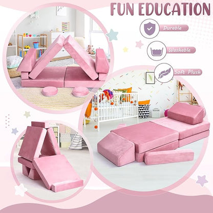 10Pcs Kids Play Couch,Toddler Sofa,Modular Kids Couch for Playing, Creativing, Sleeping (Pink)