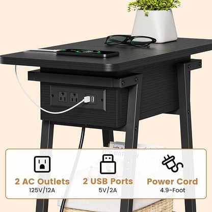 End Table with Charging Station, Flip Top Side Table with USB Ports and Outlets, Bedside Tables for Small Spaces,Nightstand with Storage Shelf for Living Room, Bedroom, Black