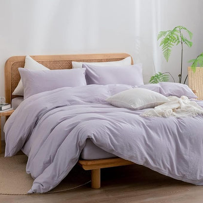 BESTOUCH Duvet Cover Set 100% Washed Cotton Linen Feel Super Soft Comfortable Chic Lightweight 3 PCs Home Bedding Set Solid Taro Purple Super King Plus