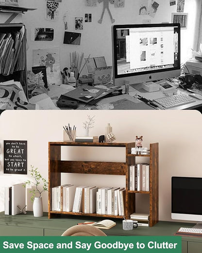 IBUYKE Desktop Bookshelf,36.8" Desktop Organizer Shelf,Wood Desk Hutch for Computer Monitor,Display Shelf for Office Home Dormitory,Brown TMZ008H