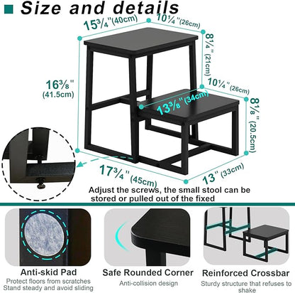 Step Stool for Adults,Holds up to 500Lb,3 in1 Heavy Duty Sturdy Two Step Stool for Kichen/Bathroom/High beds, Wooden&Metal Frame, Non-Slip Pads