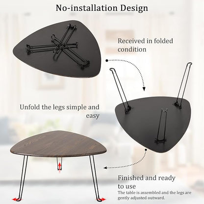 Folding Coffee Tables for Small Spaces Foldable Industrial Sofa Center Table Triangle Design Wood Framed Coffee Table Mid Century Rustic Brown Floor Desk for Living Room Balcony