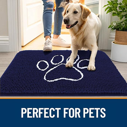 OLANLY Door Mat for Muddy Dog Paws 30x20, Ultra Absorbent Chenille Mud Doormat with Paw Print Design, Non-Slip Washable Doormat for Indoor Entryway, Quick-Dry Pet Bed Mats for Dirty Dogs, Navy Blue