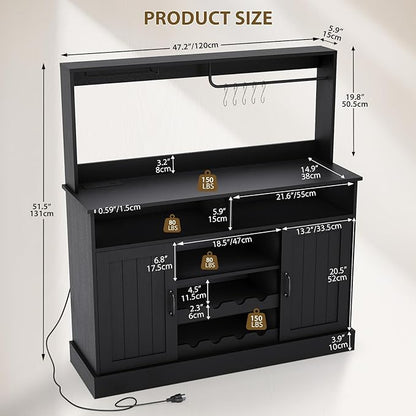47" Farmhouse Buffet Sideboard Cabinet with Power Outlets Coffee Bar Cabinet with Storage, Large Buffet Storage Cabinet Table with Wine Racks, Goblet Holder, Hooks for Kitchen, Dining Room, Black