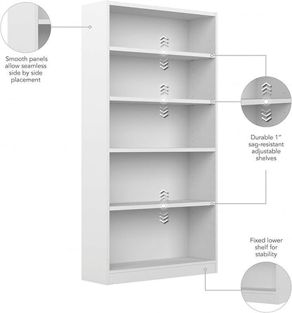 Bush Furniture Universal Tall 5 Shelf Bookcase in White, Vertical Storage and Display Bookshelf for Home Office or Living Room Organization