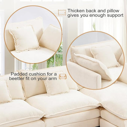 Furniliving Oversized Accent Chair with Ottoman, Luxury Chenille Single Sofa, Upholstered Deep Seat Chaise Lounge with Pillows for Living Room, Bedroom, Apartment, Beige