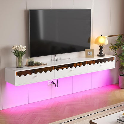 Floating TV Stand, 86IN Fully-Assembled Wall Mounted Wave Glass with Flip-Down Door & Drawers, Modern Media Entertainment Console Under TV Shelf for Livingroom
