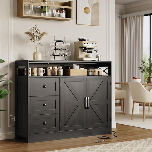 47inch Farmhouse Buffet Sideboard Cabinet, Wood Cupboard Storage Pantry Cabinet with Drawers, Coffee Bar Station Table for Kitchen Living Dining Room, Black