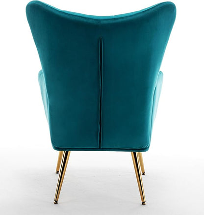 Container Furniture Direct Modern Chic Mid-Century Velvet Accent Armchair for Living Room, Bedroom, or Home Office, Button-Tufted Wingback Design with Gold Flared Legs, Dark Teal