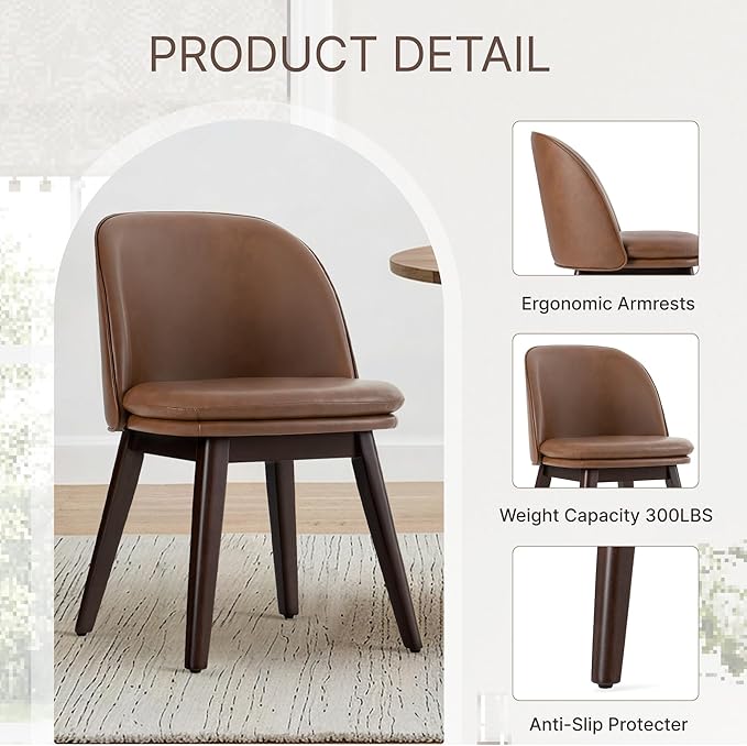 Wooden Dining Chairs Set of 2, Faux Leather Upholstered Modern Dining Room Chairs with Double-Layer Thick Seat Cushion & Ergonomic Backrest for Restaurant, Kitchen and Café, Brown