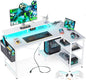 ODK 48 Inch Gaming Desk with USB Charging Ports and LED Lights, Reversible L Shaped Computer Desk with Storage Shelves & Monitor Stand, Corner Home Office Desk Table with Power Outlets, White