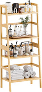 HITNET Ladder Shelf, 4-Tier Bookshelf, Bamboo Leaning Bookcase, Display Storage Rack Organizer, Freestanding Flower Plant Stand for Living Room, Home Office, Kitchen, Natural