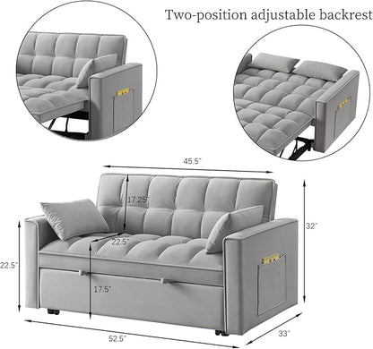 KEIKI Velvet Loveseat Convertible Sofa Bed Sleeper Chair with Adjustable Backrest, Pillows & Storage Pockets, 3 in 1 Pull-Out Couch Chaise Lounge Recliner for Living Room Balcony Bedroom, Grey