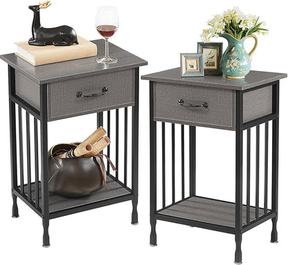 VECELO Nightstands Set of 2, Industrial Side Table/End Tables with Drawer and Storage Shelf, Night Stands for Bedroom, Living Room, Wood Metal Furniture, Easy Assembly