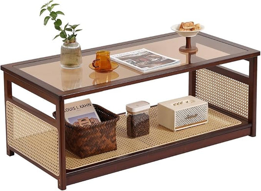 Welnow Rattan Coffee Tables for Living Room, Modern 2-Tier Coffee Table, Mid Century Rectangle Coffee Table with Storage Shelf & Glass Top, Large Boho Center Table for Apartment, Walnut