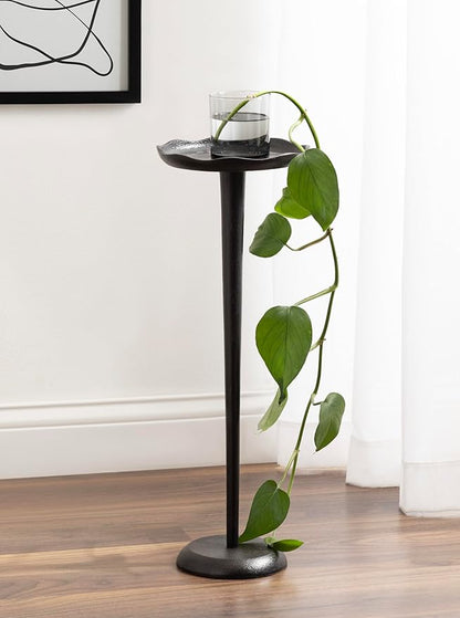 Kate and Laurel Alessia Modern Decorative Metal Drink Table; 8 x 8 x 22; Black; Round Cast Aluminum Pedestal Plant Stand with Rough Texture and Deckled Edge