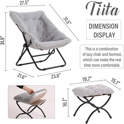 Tiita Folded Chair with Ottoman, Soft Faux Fur Oversized Folding Accent Chair,Lounge Lazy Chair, Metal Frame Moon Chair for Bedroom, Living Room, Dorm Rooms, Garden and Courtyard