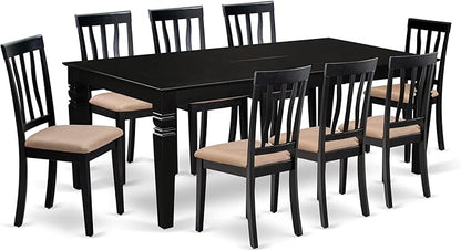 East West Furniture LGAN9-BLK-C 9 Piece Dining Room Table Set Includes a Rectangle Kitchen Table with Butterfly Leaf and 8 Linen Fabric Upholstered Dining Chairs, 42x84 Inch, Black