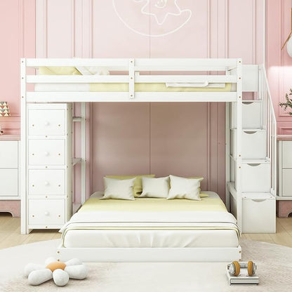 Twin Over Full Bunk Bed with 3-Layer Shelves,Wood L-Shape High Loftbed Frame W/ 4 Drawers & Storage Stairs,No Box Spring Required,Slats Support,for Kids Teens Adults,White
