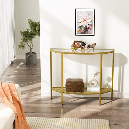 SAYGOER Glass Half Moon Console Table 2 Tier Narrow Entryway Table with Gold Metal Frames, Modern Couch Table Small Entry Way Tables, Easy Assembly, Clear Glass Gold Frames