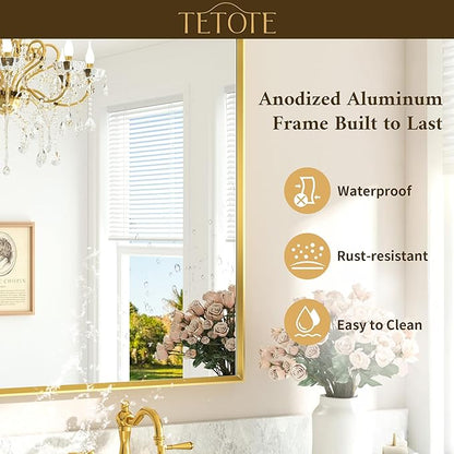 TETOTE Brushed Gold Mirror for Bathroom Sink 30" x 36" Beveled Frame Brushed Gold Brass Vanity Rectangle Mirror for Bathroom Wall, Modern Farmhouse, Tempered Glass, Stronger Frame