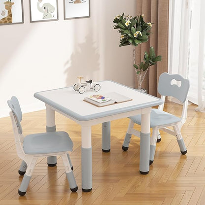 GarveeHome Kids Table and 2 Chairs Set, Height Adjustable Toddler Table and Chair Set for 2, Graffiti Desktop, Non-Slip Design, Children Table for Home Daycare Preschool for Ages 2-8, Gray Blue