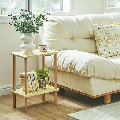 IBUYKE 2-Tier Side Table, Solid Wood Tall End Table with Storage Shelves, Nightstand Bedside Table for Living Room Bedroom Office, No-Tool Assembly, Light Natural UWST002S